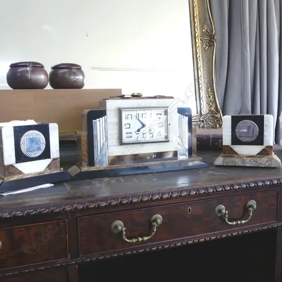 ART DECO 3 PCE GARNITURE CLOCK SET MARBLE & ONYX WITH SILVER PLATE DETAIL... 440 x 115 x 240mm (clock)
