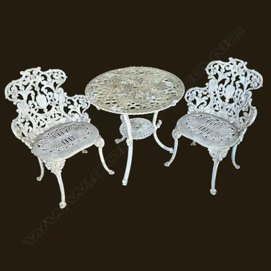 HEAVY VINTAGE WROUGHT IRON GARDEN TABLE AND TWO CHAIRS