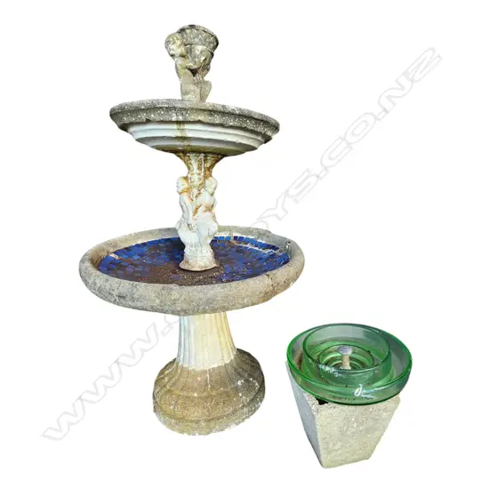 CONCRETE GARDEN POT/GLASS INSULATOR/OLD TWO LEVEL FOUNTAIN (faulted)