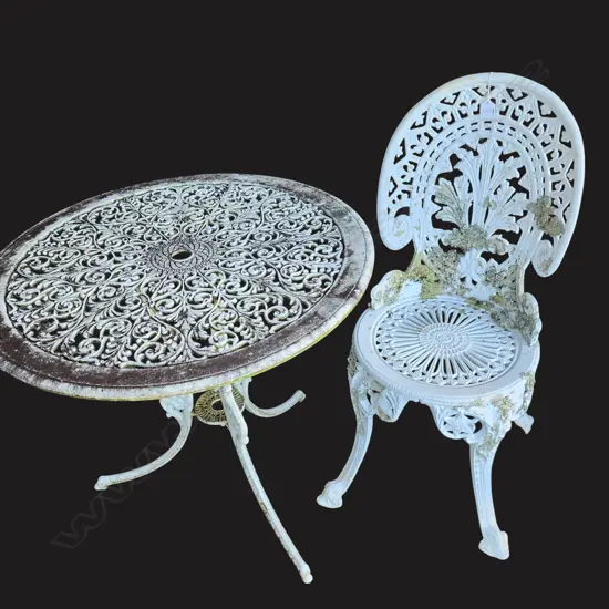 WROUGHT IRON GARDEN TABLE AND ONE CHAIR