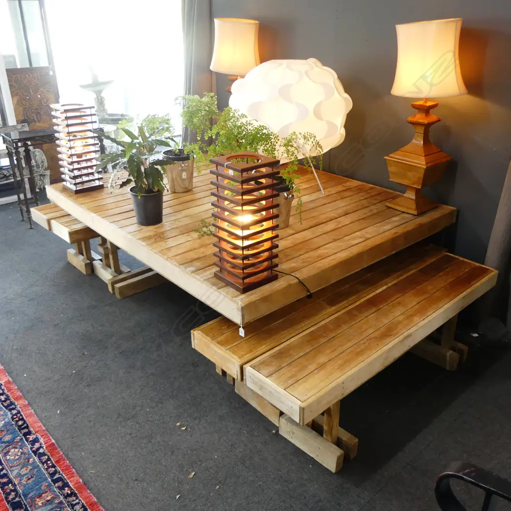 LGE OUTDOOR SLAT TOP TABLE 1550x1950x690mm & 4 BENCHES Image 1++
