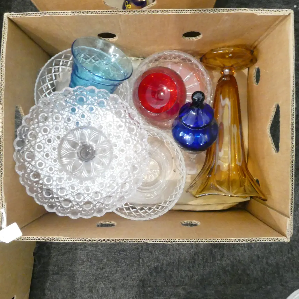 3 CRYSTAL BOWLS GLASS COMPORT & 4 COLOURED GLASS PCS TALLEST 300MM Image 1++