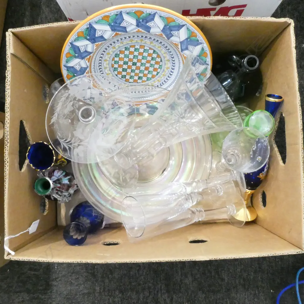 BOX OF CRYSTAL  COLOURED GLASS VASES ETC Image 1++