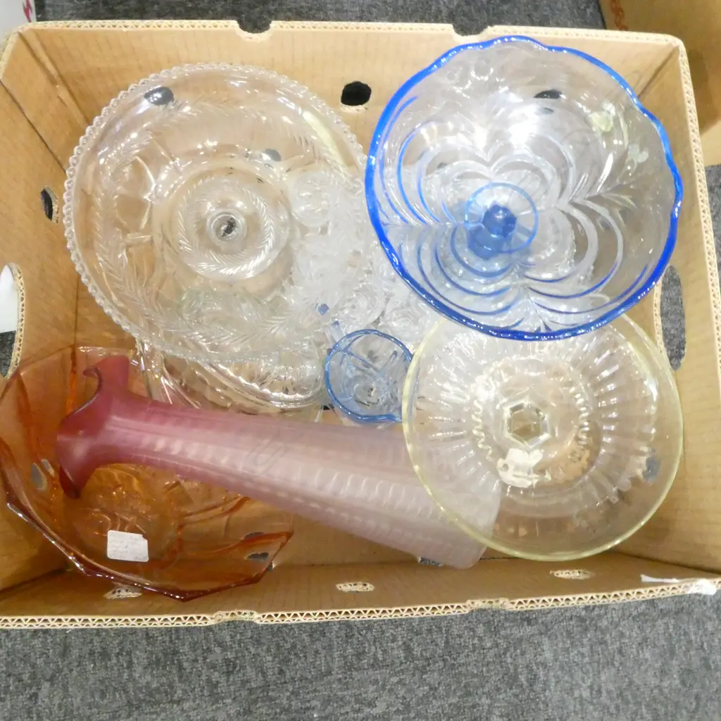 BOX OF GLASS COMPORTS JELLY MOULD GLASSES ETC Image 1++