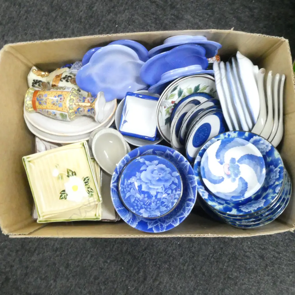 ASST. ORIENTAL CHINA & POTTERY PLATES/DISHES, 3 MINIATURE VASES, etc Image 1++