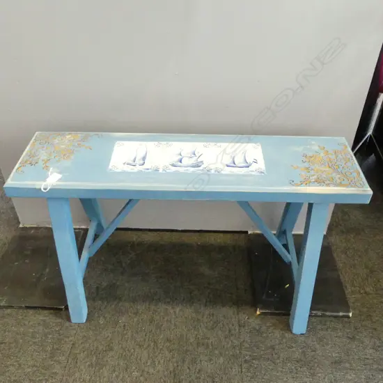 WOODEN STOOL w. DELFT TILES L.900mm