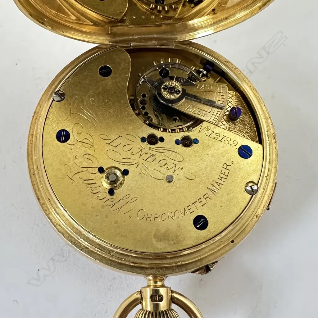 Substantial 18ct gold, open face pocket watch by M. J. Russell, London, number 12189, Image 1++