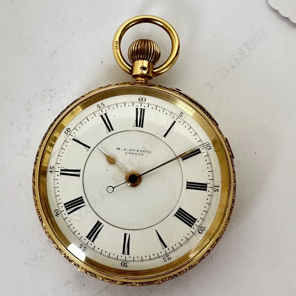 Substantial 18ct gold, open face pocket watch by M. J. Russell, London, number 12189, Image 1++