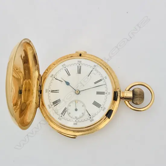 18ct gold hunter quarter repeater chronograph, Swiss movement by Jules Meylan-Truan Co., c.1890