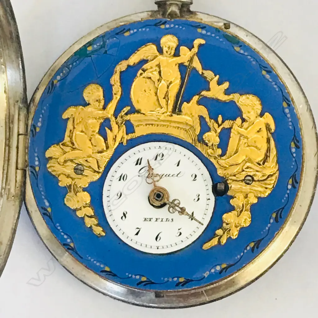Octagonal silver plated cased open face pocket watch with decorative face, marked 'Breguet et Fils', Image 1++