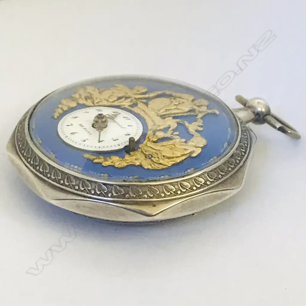 Octagonal silver plated cased open face pocket watch with decorative face, marked 'Breguet et Fils', Image 1++