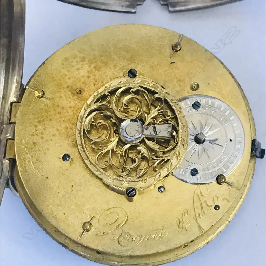 Octagonal silver plated cased open face pocket watch with decorative face, marked 'Breguet et Fils', Image 1++