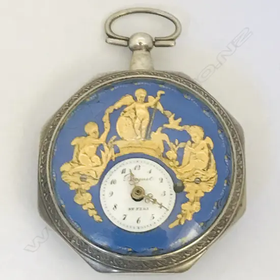 Octagonal silver plated cased open face pocket watch with decorative face, marked 'Breguet et Fils',