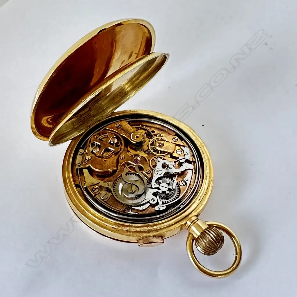 Swiss 18ct gold hunter cased, minute repeating chronograph pocket watch Image 1++