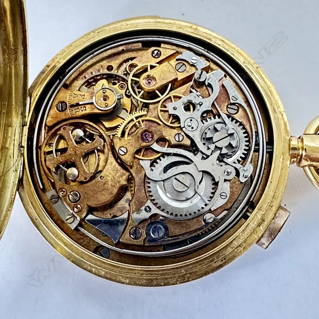 Swiss 18ct gold hunter cased, minute repeating chronograph pocket watch Image 1++