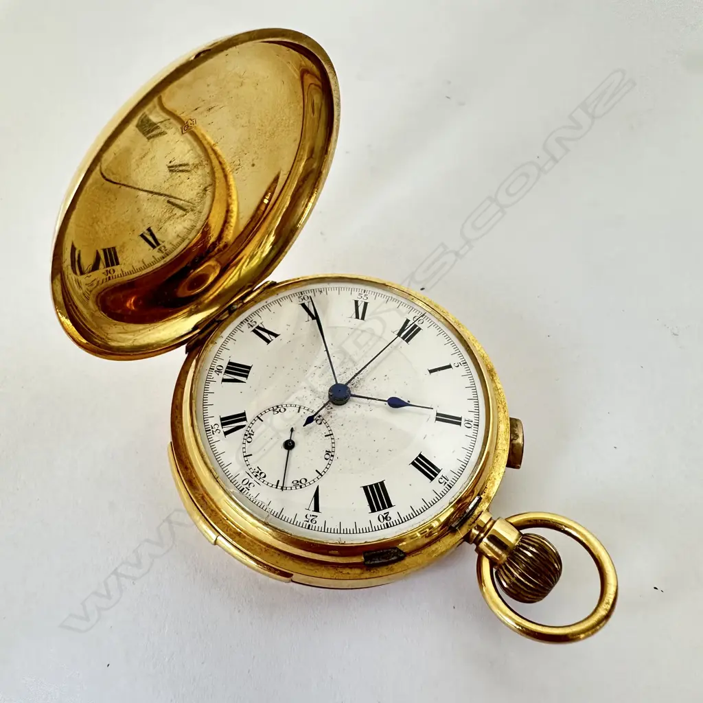 Swiss 18ct gold hunter cased, minute repeating chronograph pocket watch Image 1++