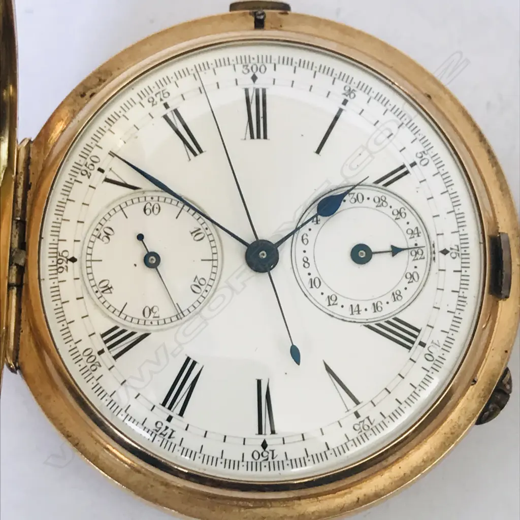 19thc Swiss 10ct gold hunter chronograph pocket watch, Image 1++