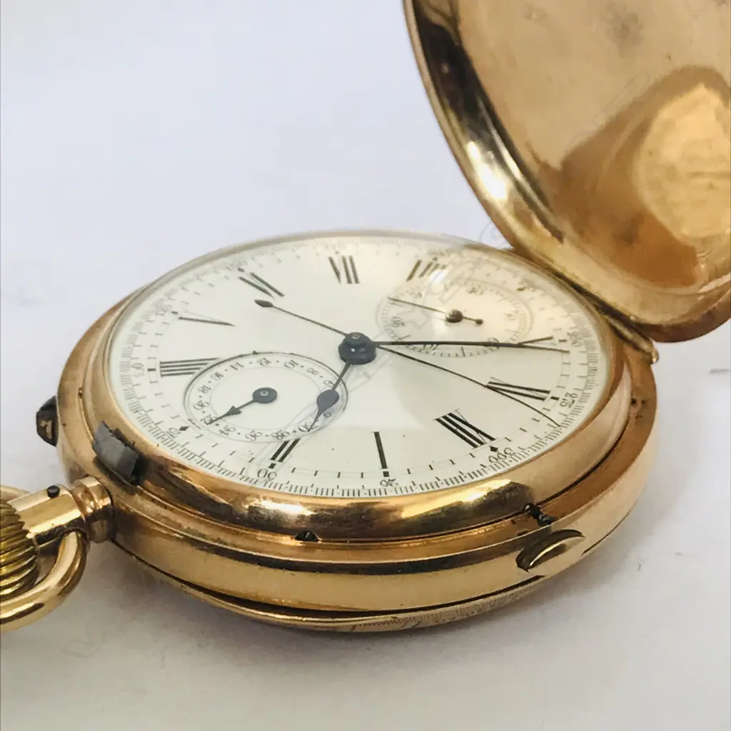 19thc Swiss 10ct gold hunter chronograph pocket watch, Image 1++