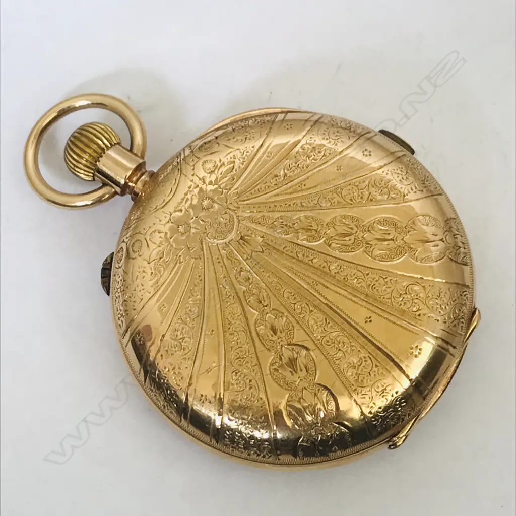 19thc Swiss 10ct gold hunter chronograph pocket watch, Image 1++
