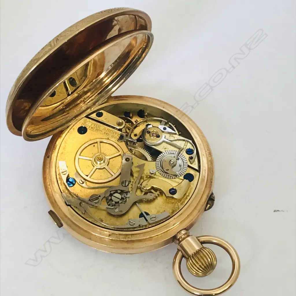 19thc Swiss 10ct gold hunter chronograph pocket watch, Image 1++