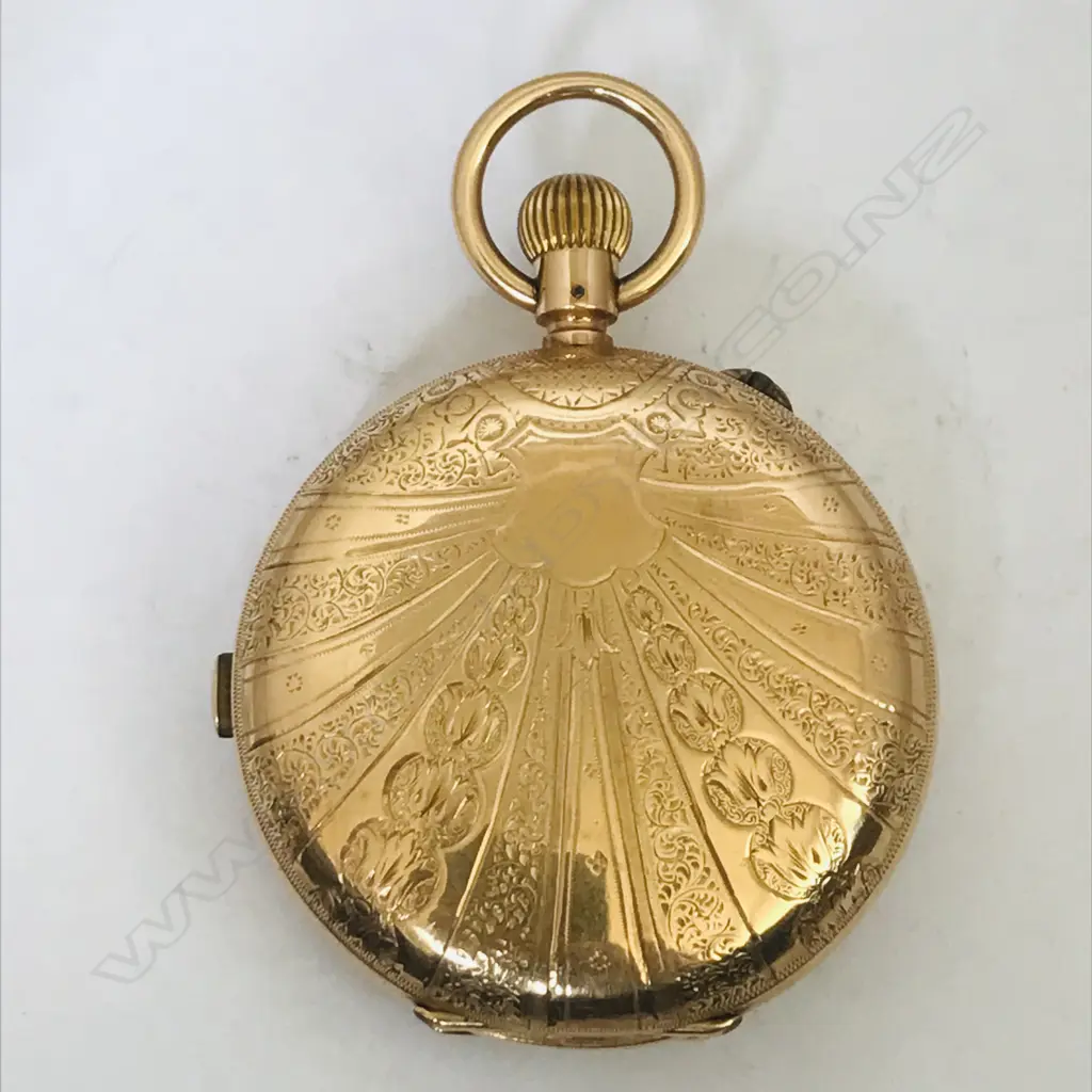 19thc Swiss 10ct gold hunter chronograph pocket watch, Image 1++