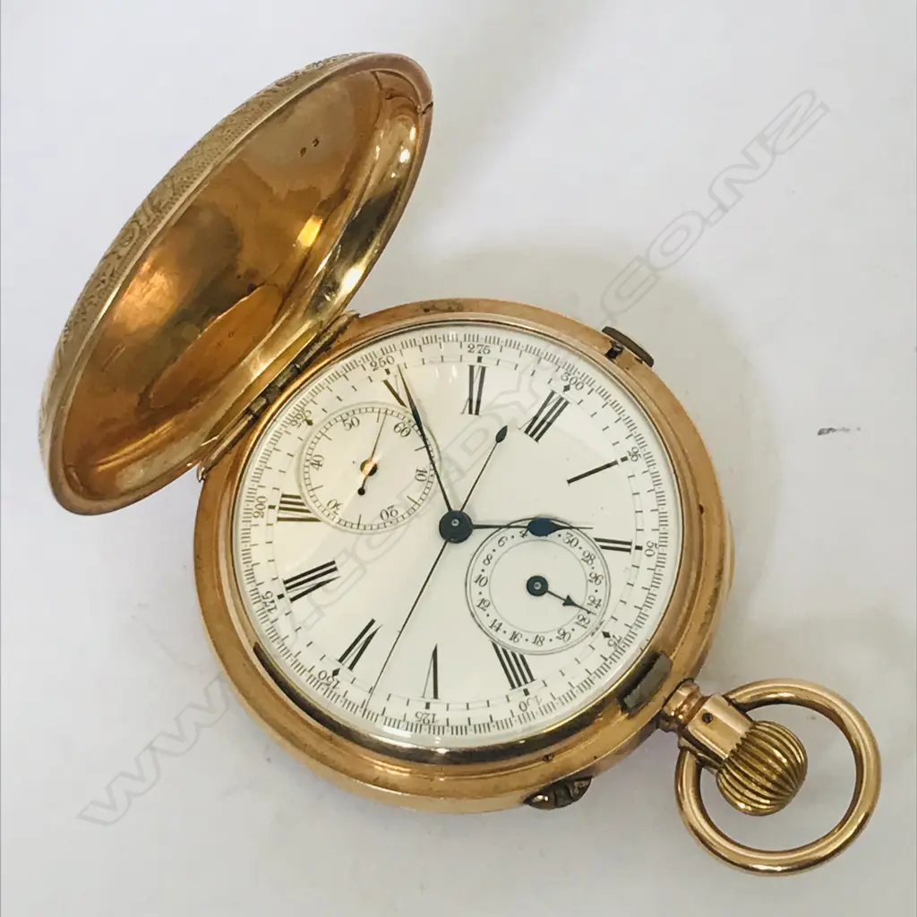 19thc Swiss 10ct gold hunter chronograph pocket watch, Image 1++