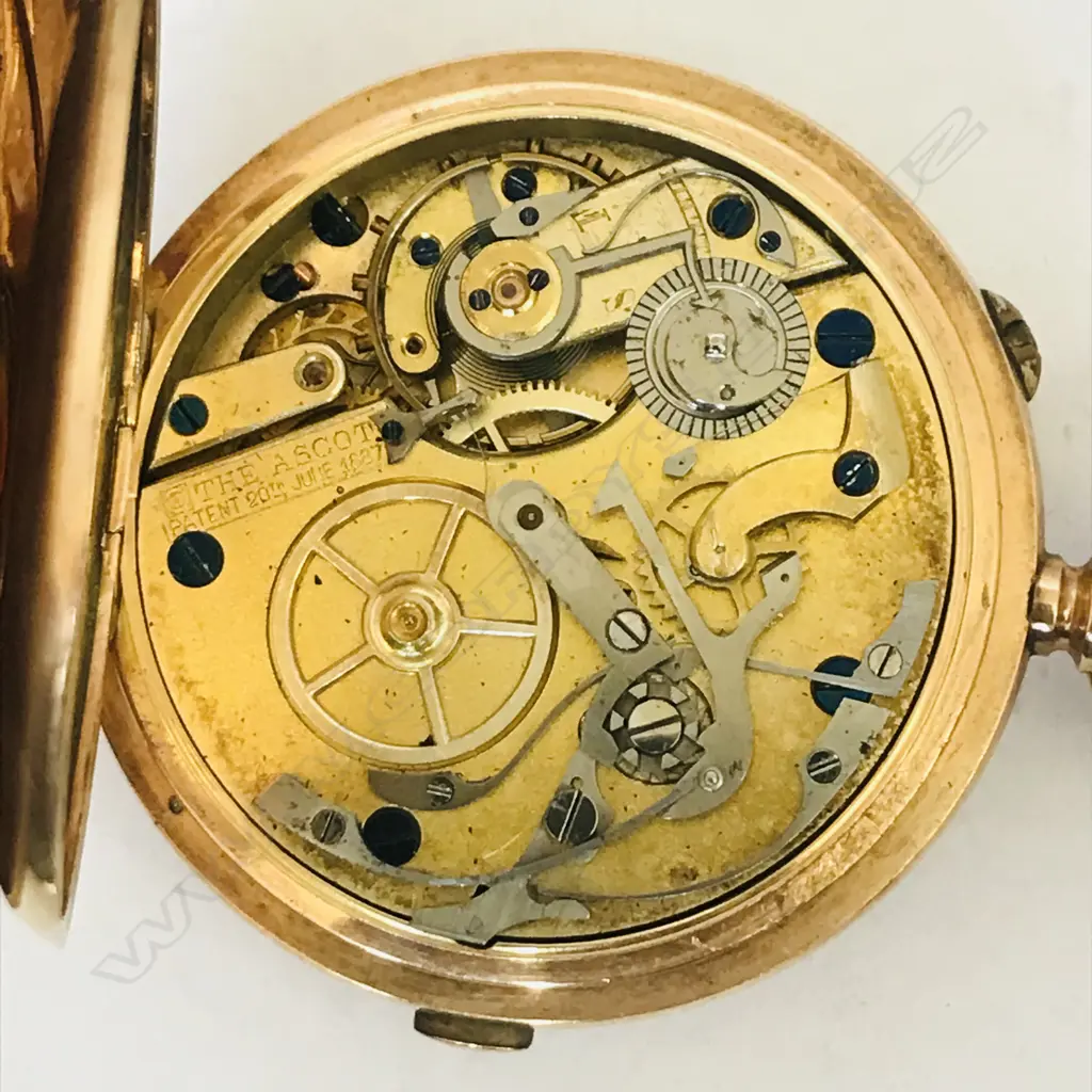 19thc Swiss 10ct gold hunter chronograph pocket watch, Image 1++
