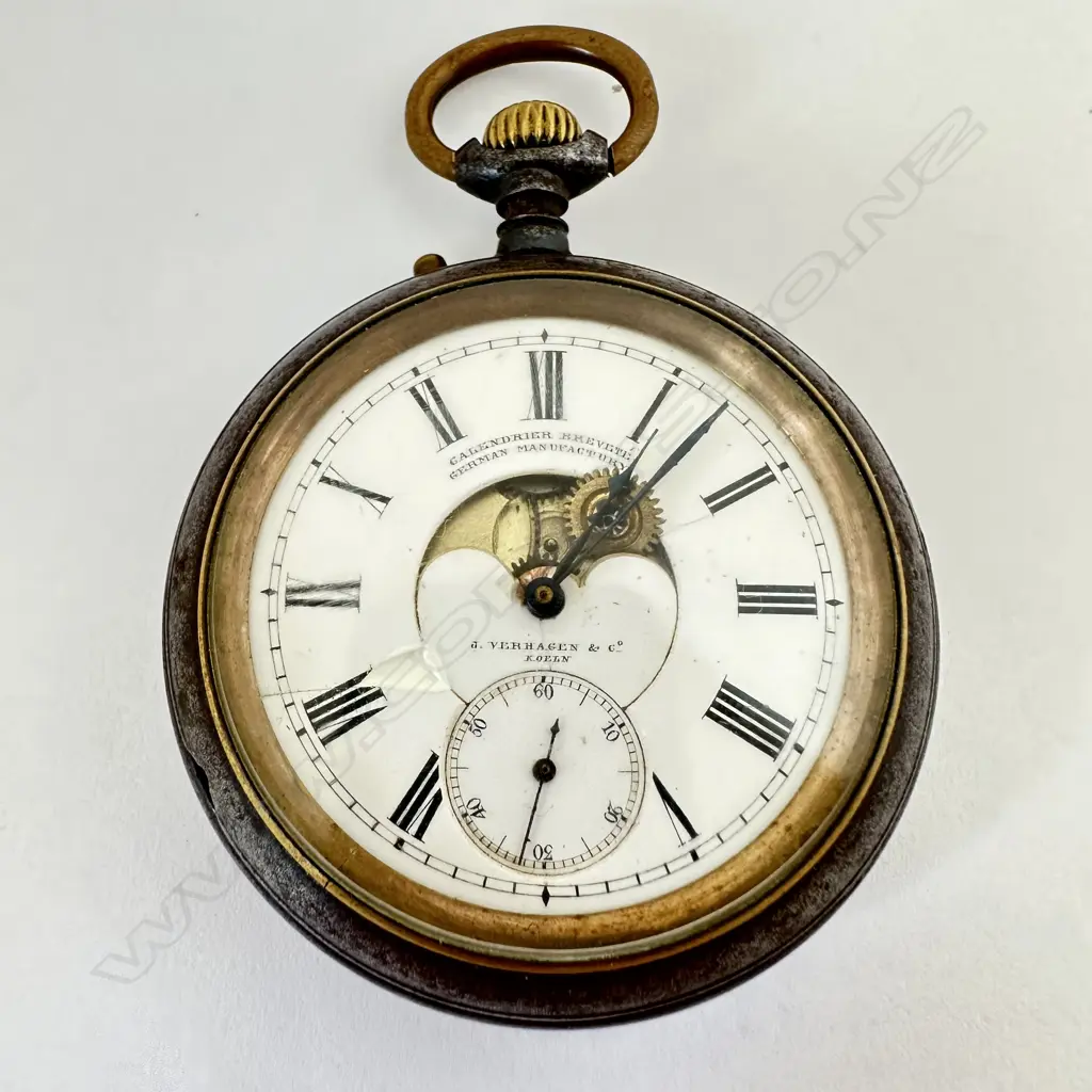 Rare gun metal cased dual dial ‘Calendrier Breveté’ pocket watch by J Verhagen & Co Koeln, (Cologne), c.1890, AS-IS. Image 1++