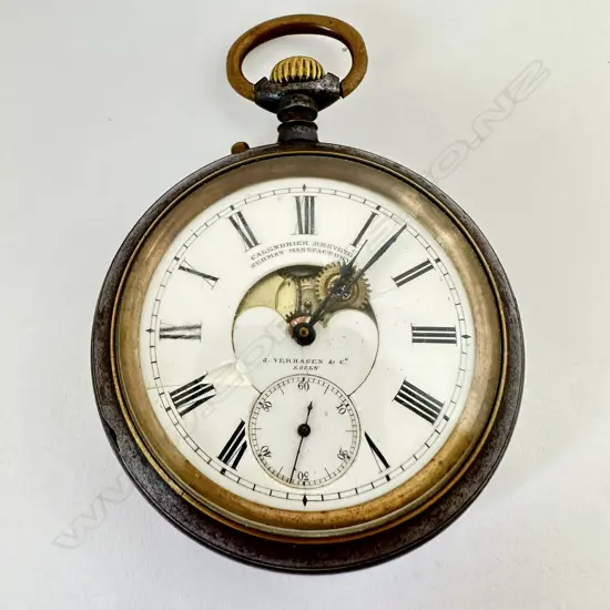 Rare gun metal cased dual dial ‘Calendrier Breveté’ pocket watch by J Verhagen & Co Koeln, (Cologne), c.1890, AS-IS.