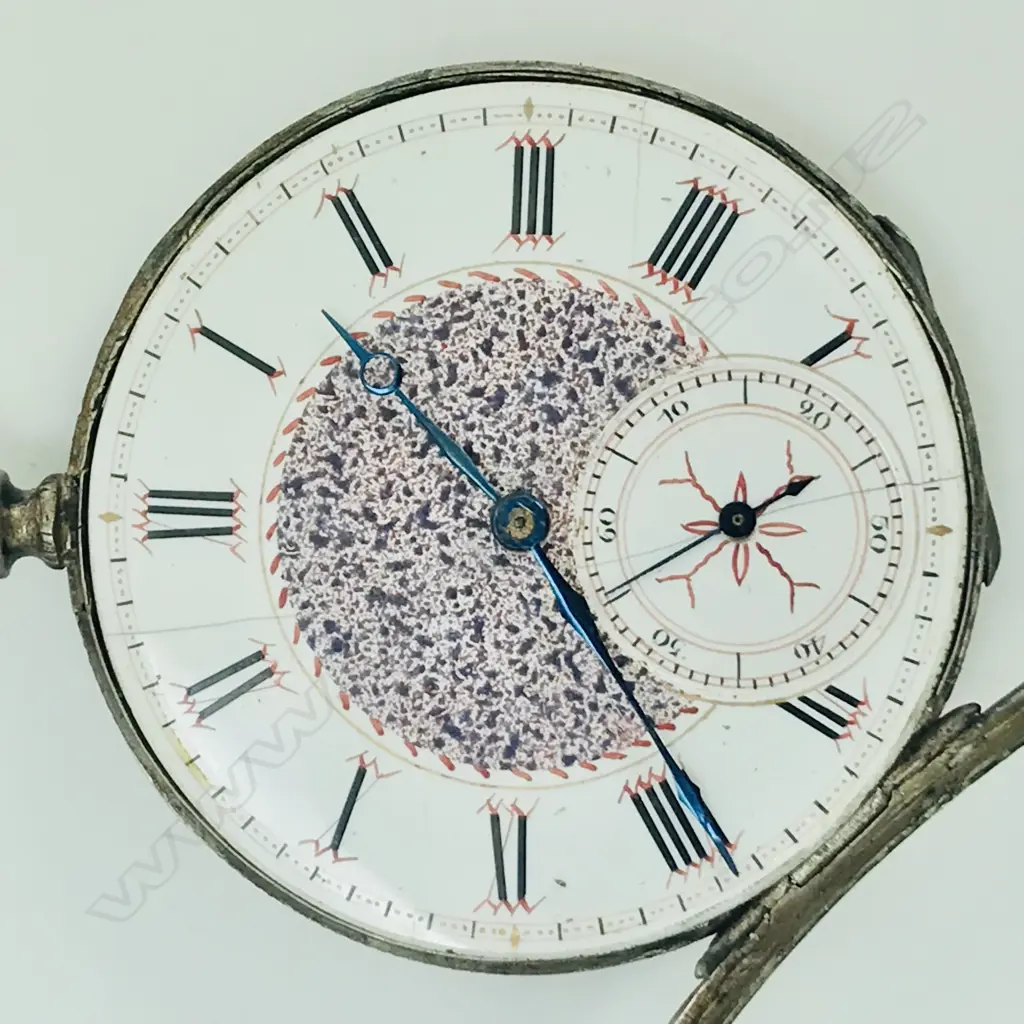 Swiss silver open face lady's pocket watch with decoratively engraved Geneva bar movement Image 1++