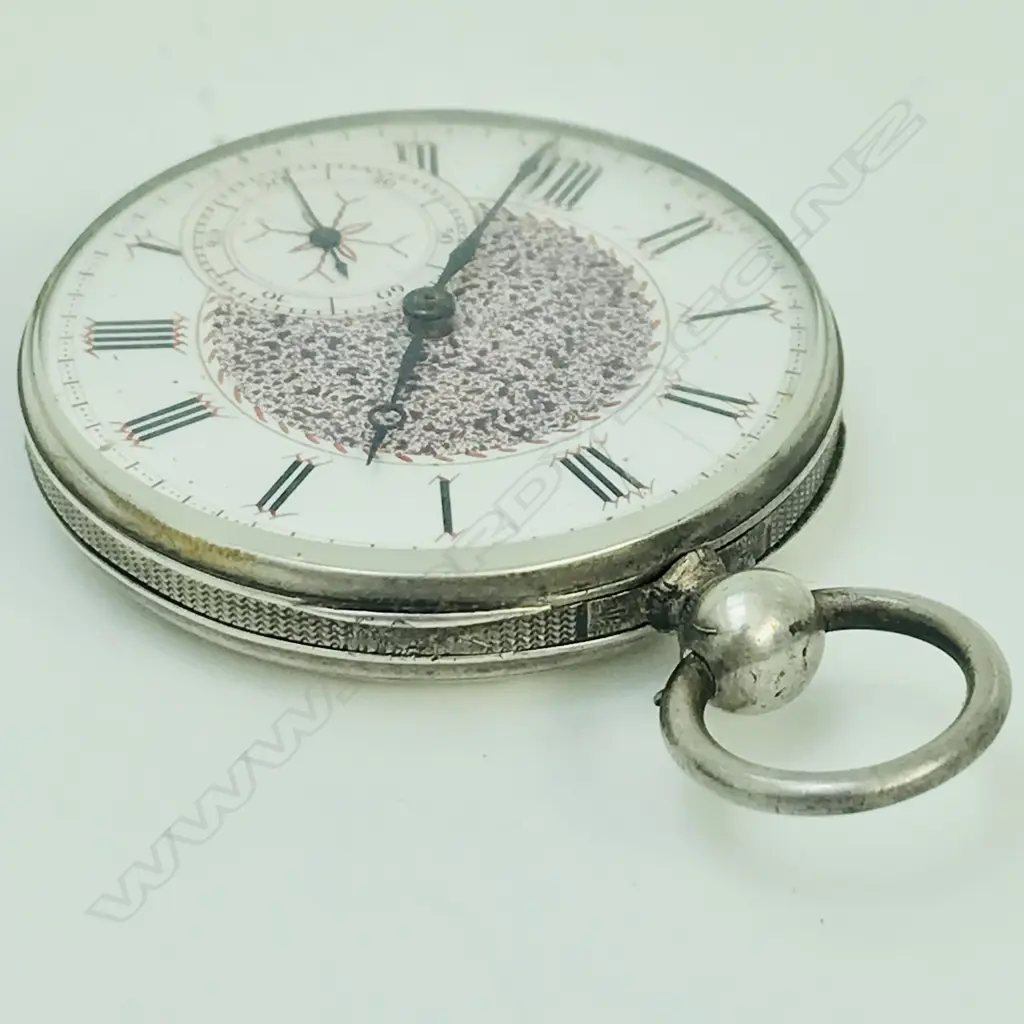 Swiss silver open face lady's pocket watch with decoratively engraved Geneva bar movement Image 1++