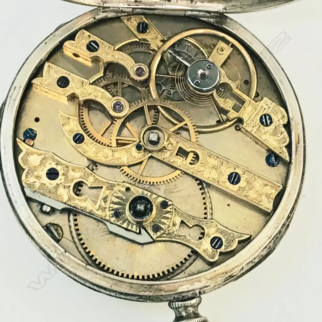 Swiss silver open face lady's pocket watch with decoratively engraved Geneva bar movement Image 1++