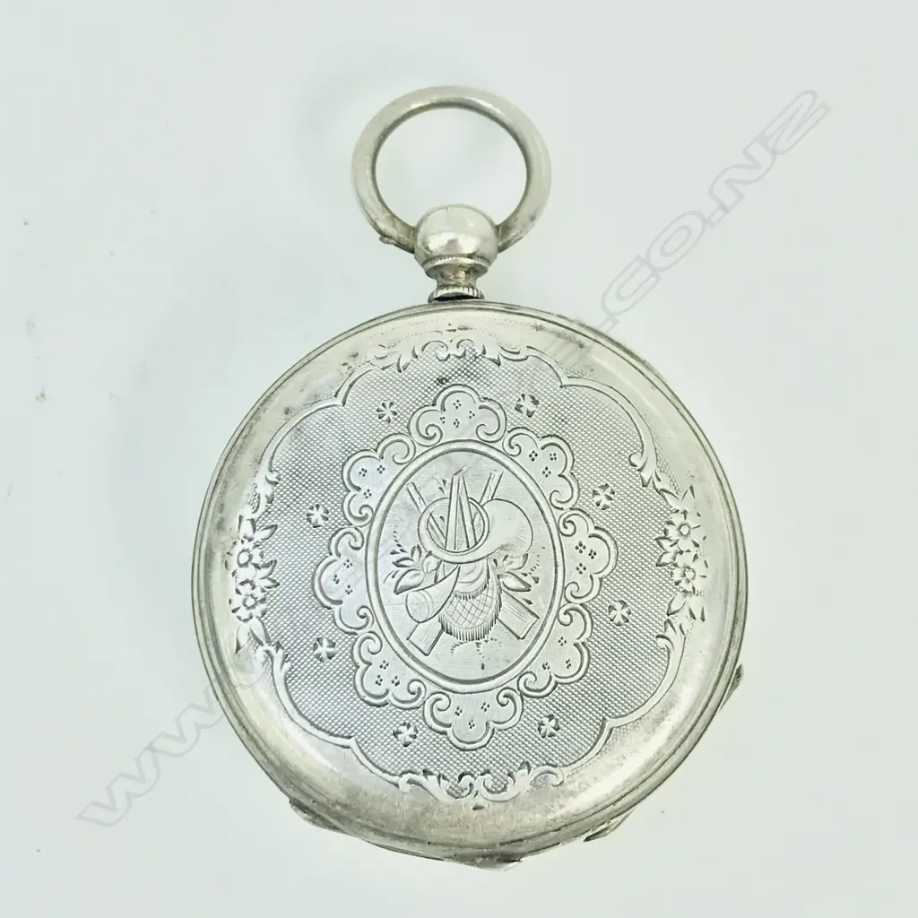 Swiss silver open face lady's pocket watch with decoratively engraved Geneva bar movement Image 1++