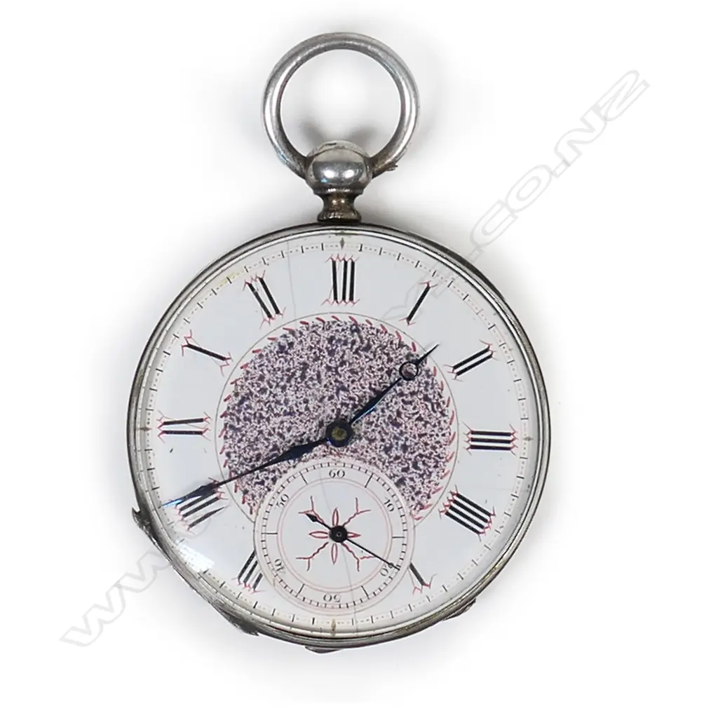 Swiss silver open face lady's pocket watch with decoratively engraved Geneva bar movement Image 1++