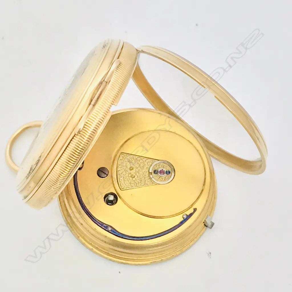 18ct gold open face pocket watch, signed to the movement M.J Mulligan, Wellington NZ, numbered 1575 Image 1++