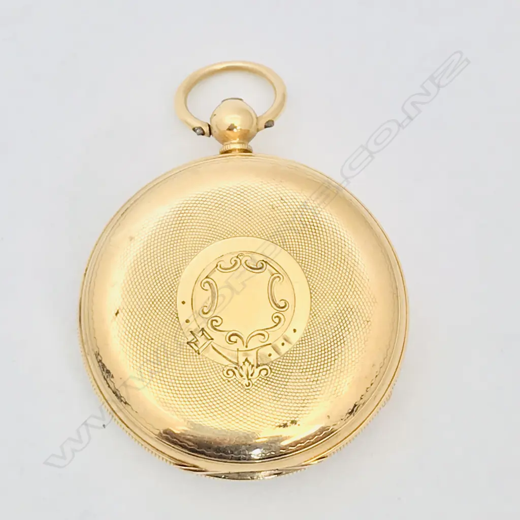 18ct gold open face pocket watch, signed to the movement M.J Mulligan, Wellington NZ, numbered 1575 Image 1++