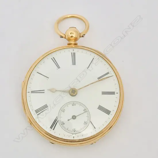 18ct gold open face pocket watch, signed to the movement M.J Mulligan, Wellington NZ, numbered 1575