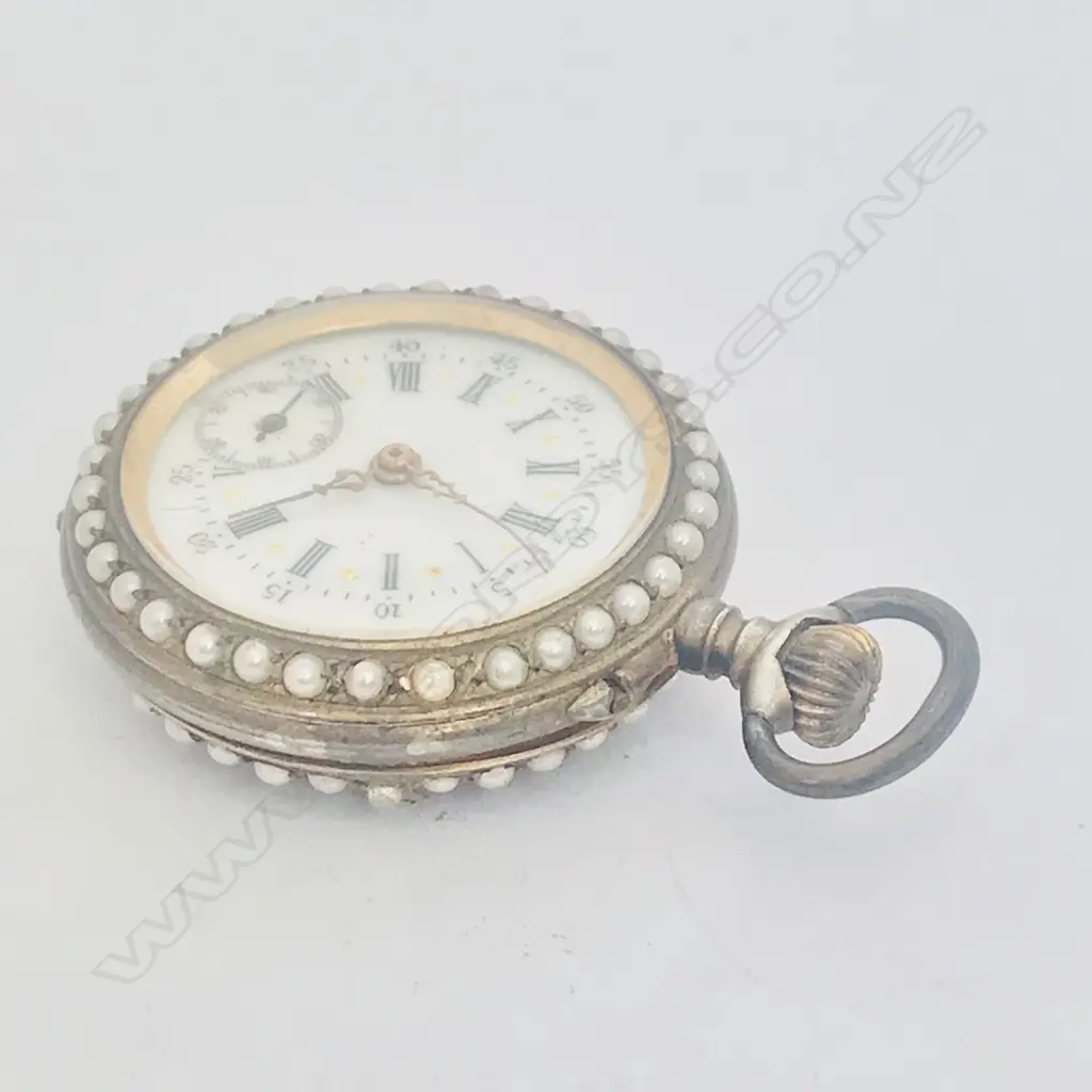 A late 19thC gilded silver lady’s fob watch with enamel decoration and set with seed pearls, Image 1++