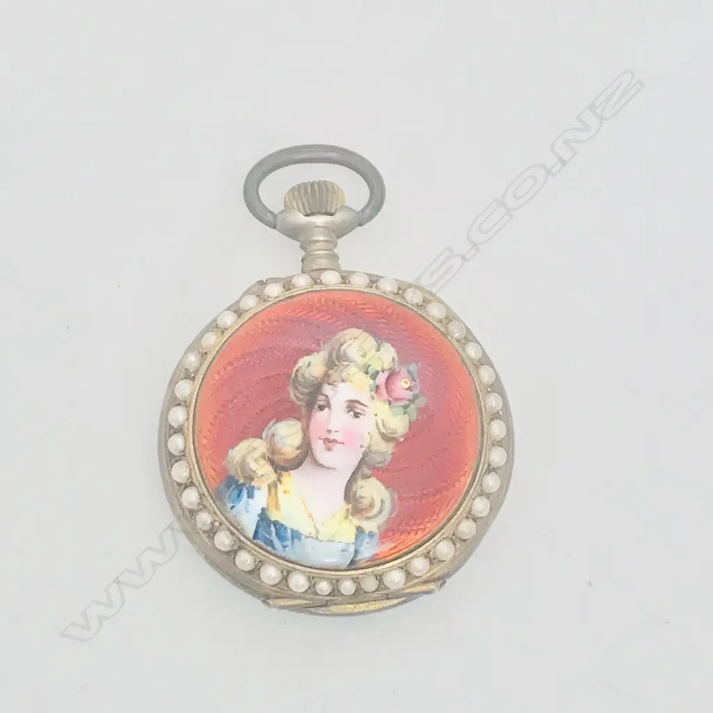A late 19thC gilded silver lady’s fob watch with enamel decoration and set with seed pearls, Image 1++