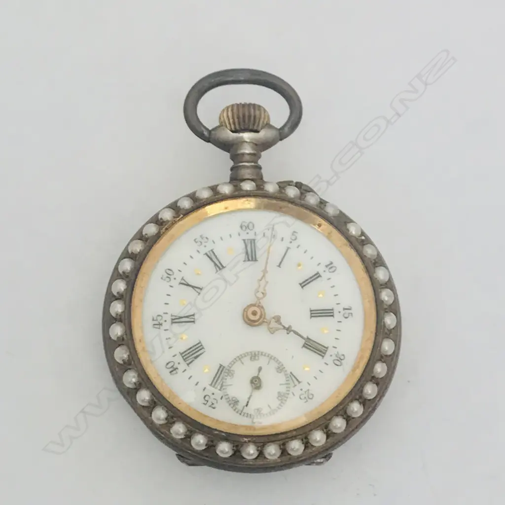 A late 19thC gilded silver lady’s fob watch with enamel decoration and set with seed pearls, Image 1++