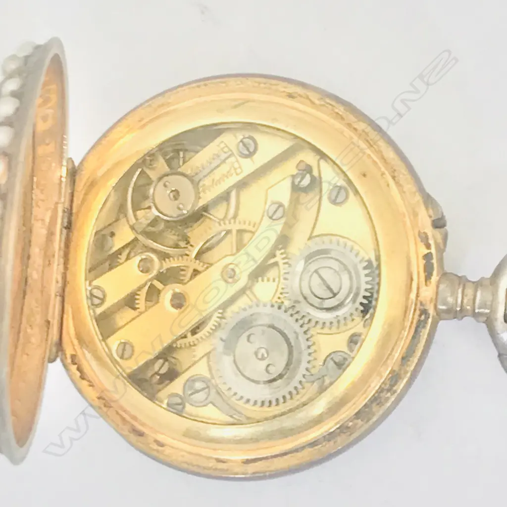 A late 19thC gilded silver lady’s fob watch with enamel decoration and set with seed pearls, Image 1++