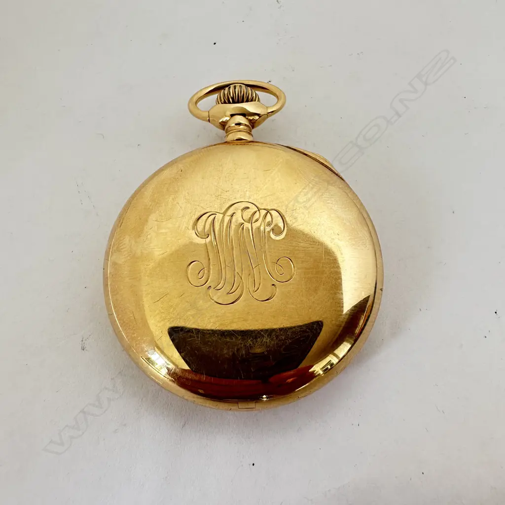 14ct gold, open face pocket watch by Spaulding & Co, Chicago, with Swiss split seconds chronograph movement, number 7375, Image 1++