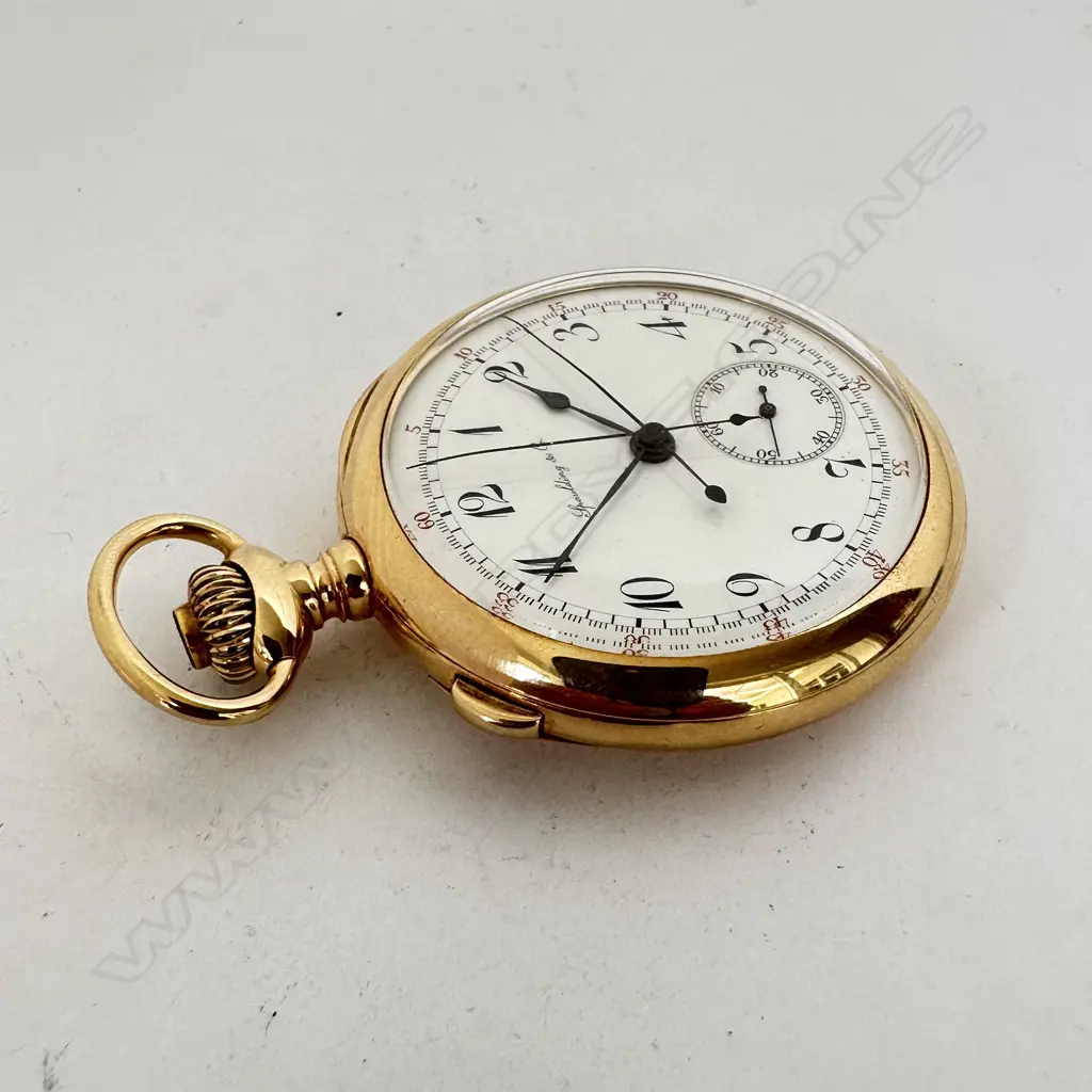 14ct gold, open face pocket watch by Spaulding & Co, Chicago, with Swiss split seconds chronograph movement, number 7375, Image 1++