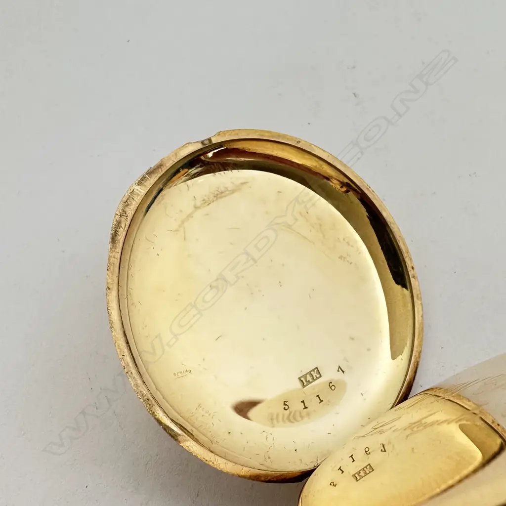 14ct gold, open face pocket watch by Spaulding & Co, Chicago, with Swiss split seconds chronograph movement, number 7375, Image 1++