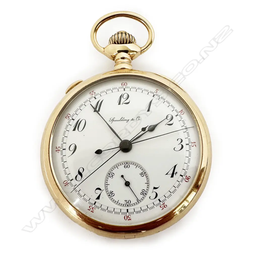 14ct gold, open face pocket watch by Spaulding & Co, Chicago, with Swiss split seconds chronograph movement, number 7375, Image 1++