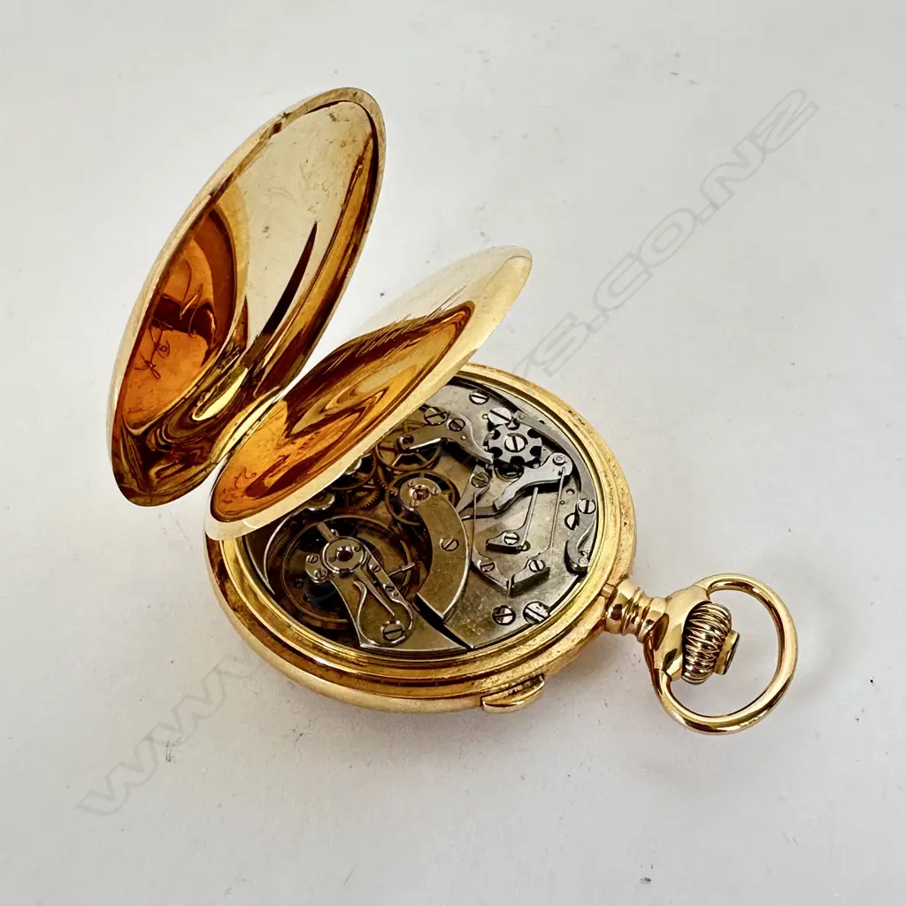 14ct gold, open face pocket watch by Spaulding & Co, Chicago, with Swiss split seconds chronograph movement, number 7375, Image 1++
