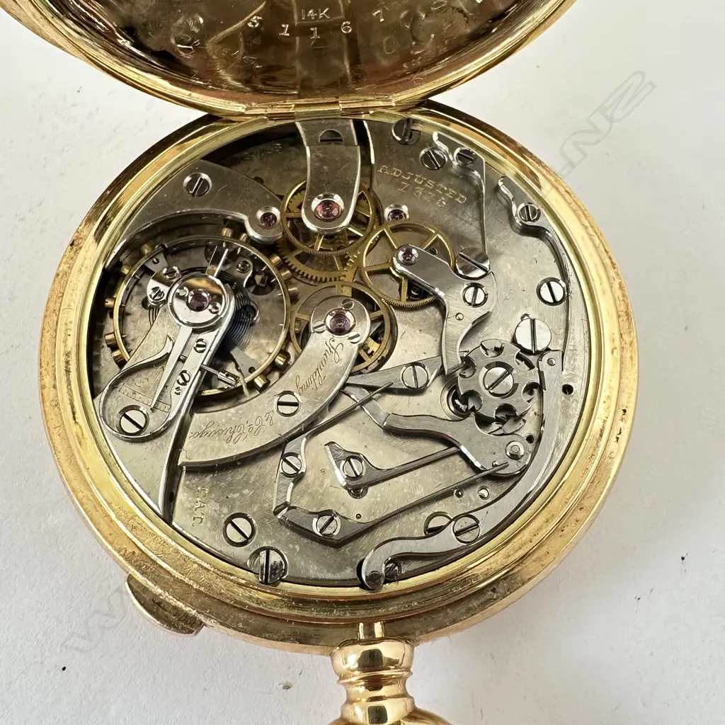 14ct gold, open face pocket watch by Spaulding & Co, Chicago, with Swiss split seconds chronograph movement, number 7375, Image 1++