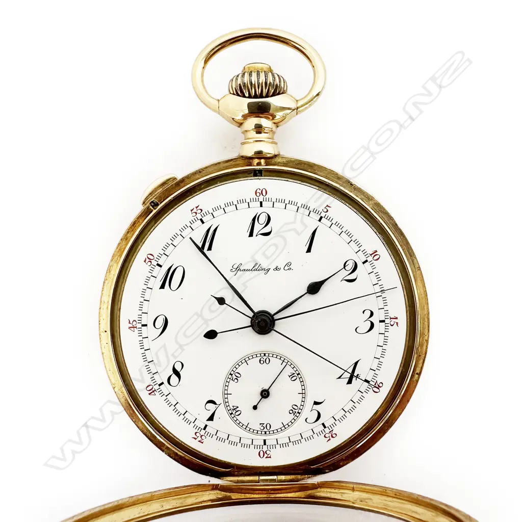 14ct gold, open face pocket watch by Spaulding & Co, Chicago, with Swiss split seconds chronograph movement, number 7375, Image 1++