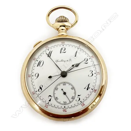 14ct gold, open face pocket watch by Spaulding & Co, Chicago, with Swiss split seconds chronograph movement, number 7375,