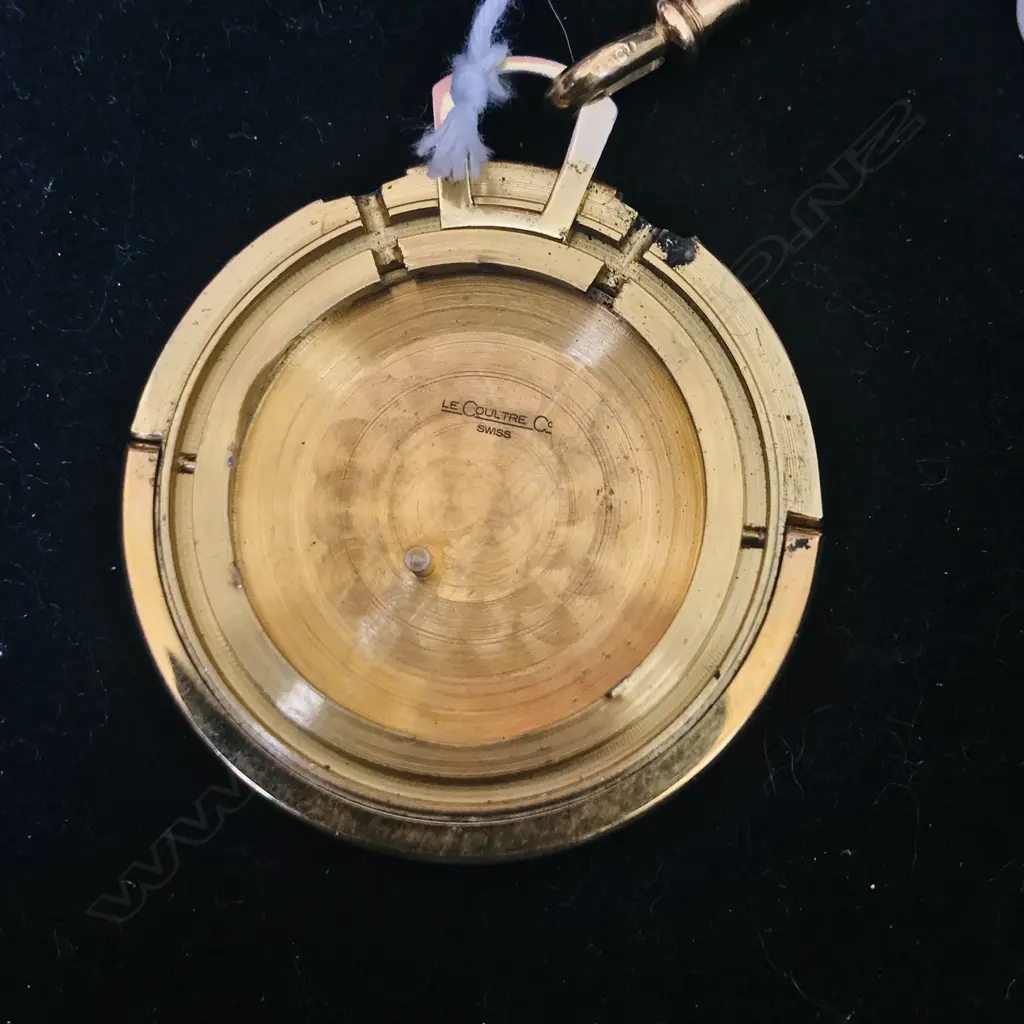 A Jaeger leCoultre 'Memovox' gold plated pocket travel watch, c.1956, with 18ct gold chain. Image 1++